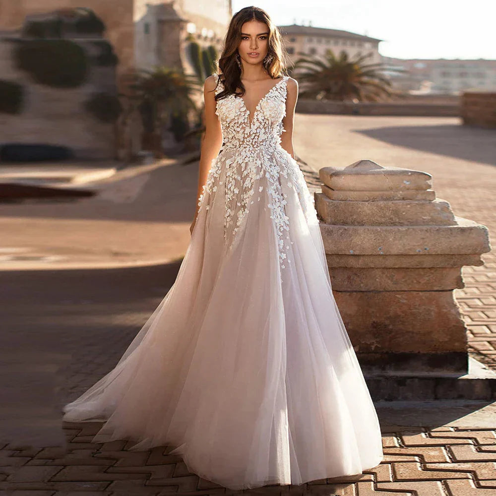 Vestidos de novia para boda en la playa, mujer sexy, escote en V grande, estampado floral 3D, tul, sin mangas, vestidos de novia, vestido de novia, robe maríée
