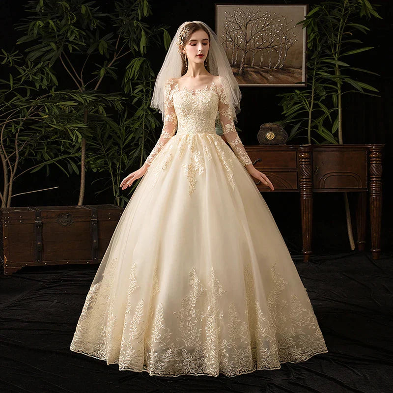 Vestidos de novia musulmanes color champán, manga larga, encaje, vestido de novia de lujo, vestido de baile, Vestido de Noiva 