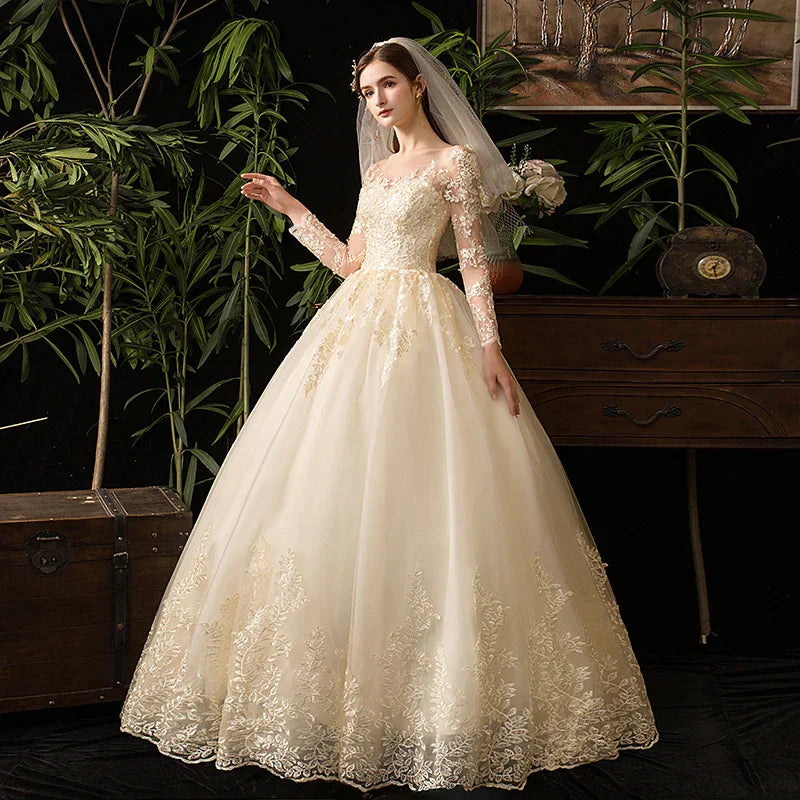 Vestidos de novia musulmanes color champán, manga larga, encaje, vestido de novia de lujo, vestido de baile, Vestido de Noiva 