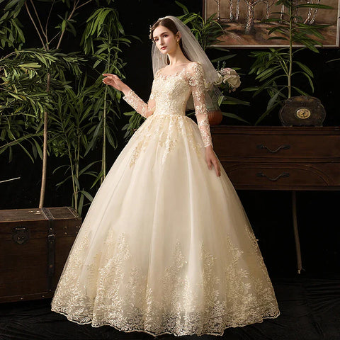 Robe de mariée musulmane champagne à manches longues en dentelle, nouvelle robe de bal de luxe, robe de mariée Vestido De Noiva 