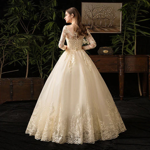 Robe de mariée musulmane champagne à manches longues en dentelle, nouvelle robe de bal de luxe, robe de mariée Vestido De Noiva 