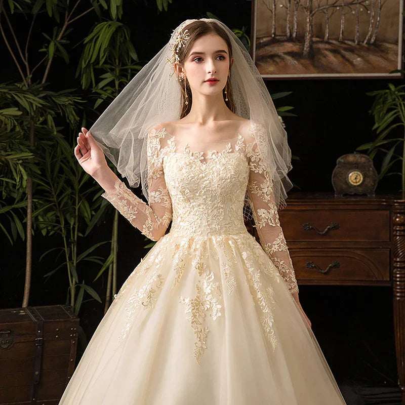 Vestidos de novia musulmanes color champán, manga larga, encaje, vestido de novia de lujo, vestido de baile, Vestido de Noiva 