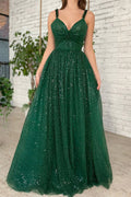 Vestido de fiesta largo de tul brillante con escote en V, corte en A, lentejuelas y pedrería.