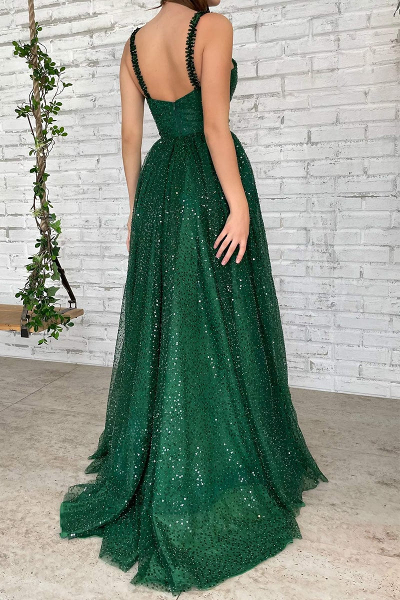 Vestido de fiesta largo de tul brillante con escote en V, corte en A, lentejuelas y pedrería.