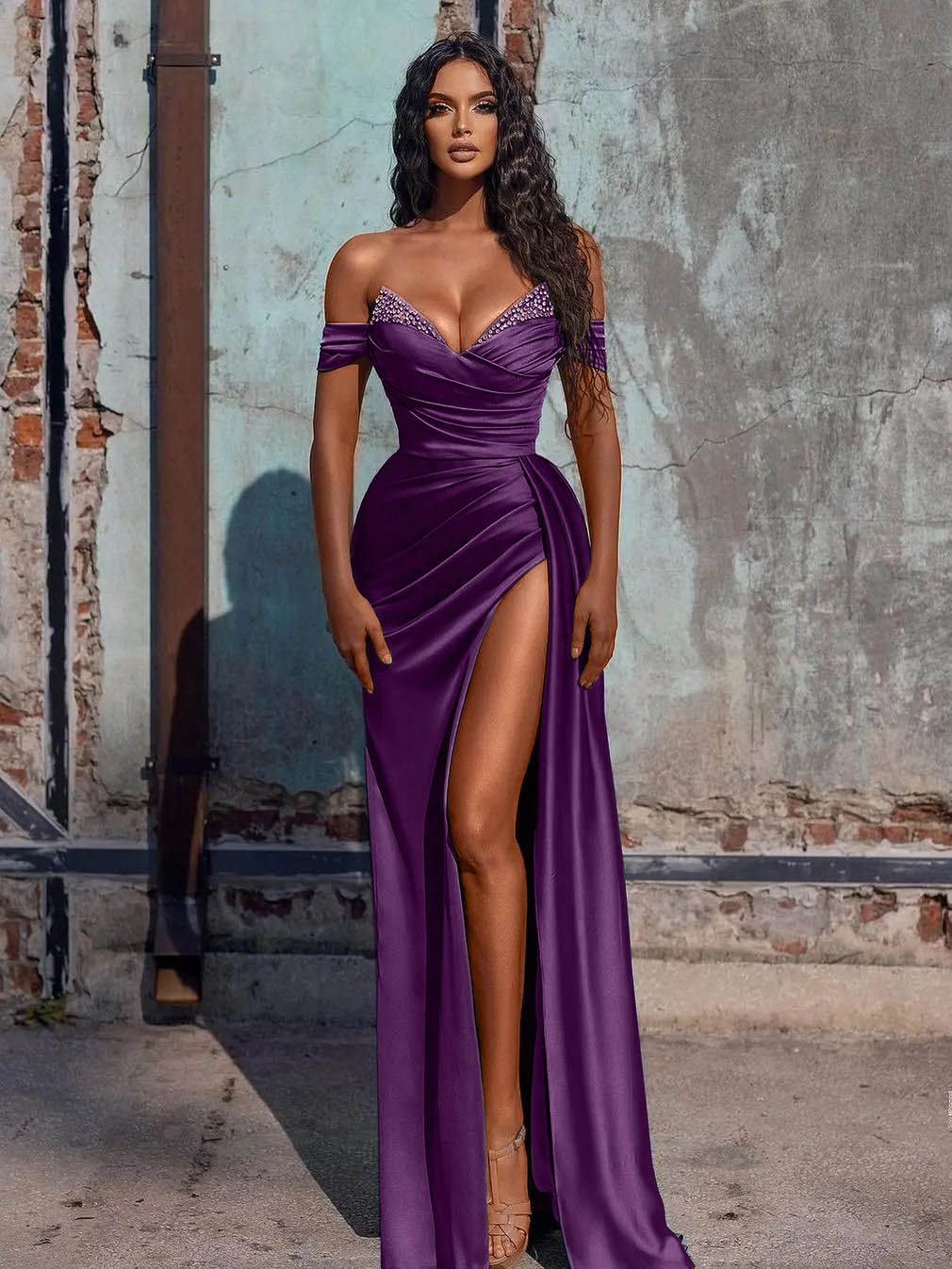 Vestido largo de fiesta de sirena de satén con abertura