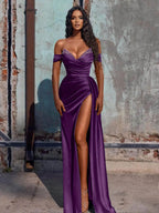 Vestido largo de fiesta de sirena de satén con abertura