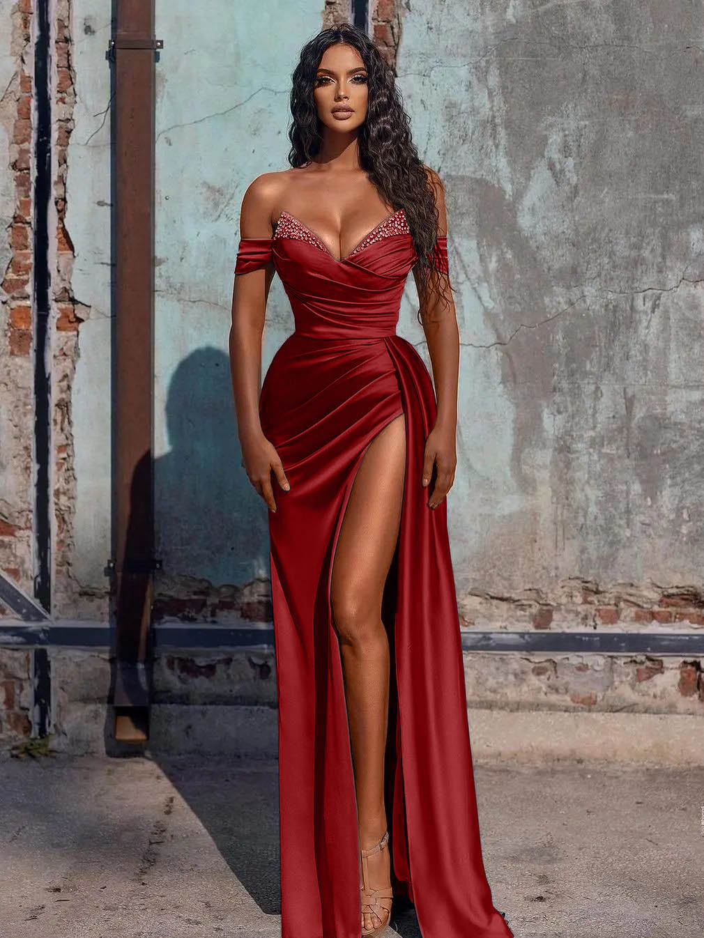 Vestido largo de fiesta de sirena de satén con abertura
