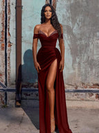 Vestido largo de fiesta de sirena de satén con abertura