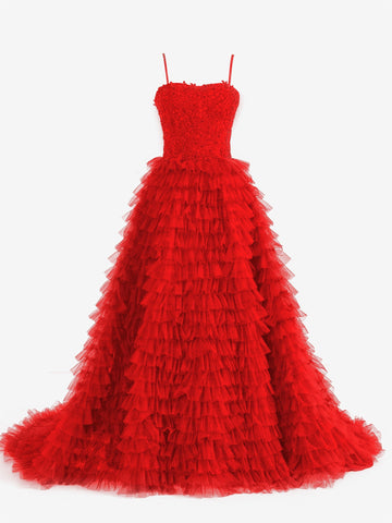 Jordan | Robe de bal longue rouge trapèze à sequins et tulle à volants | Robe de bal longue en tulle rouge à sequins et à volants