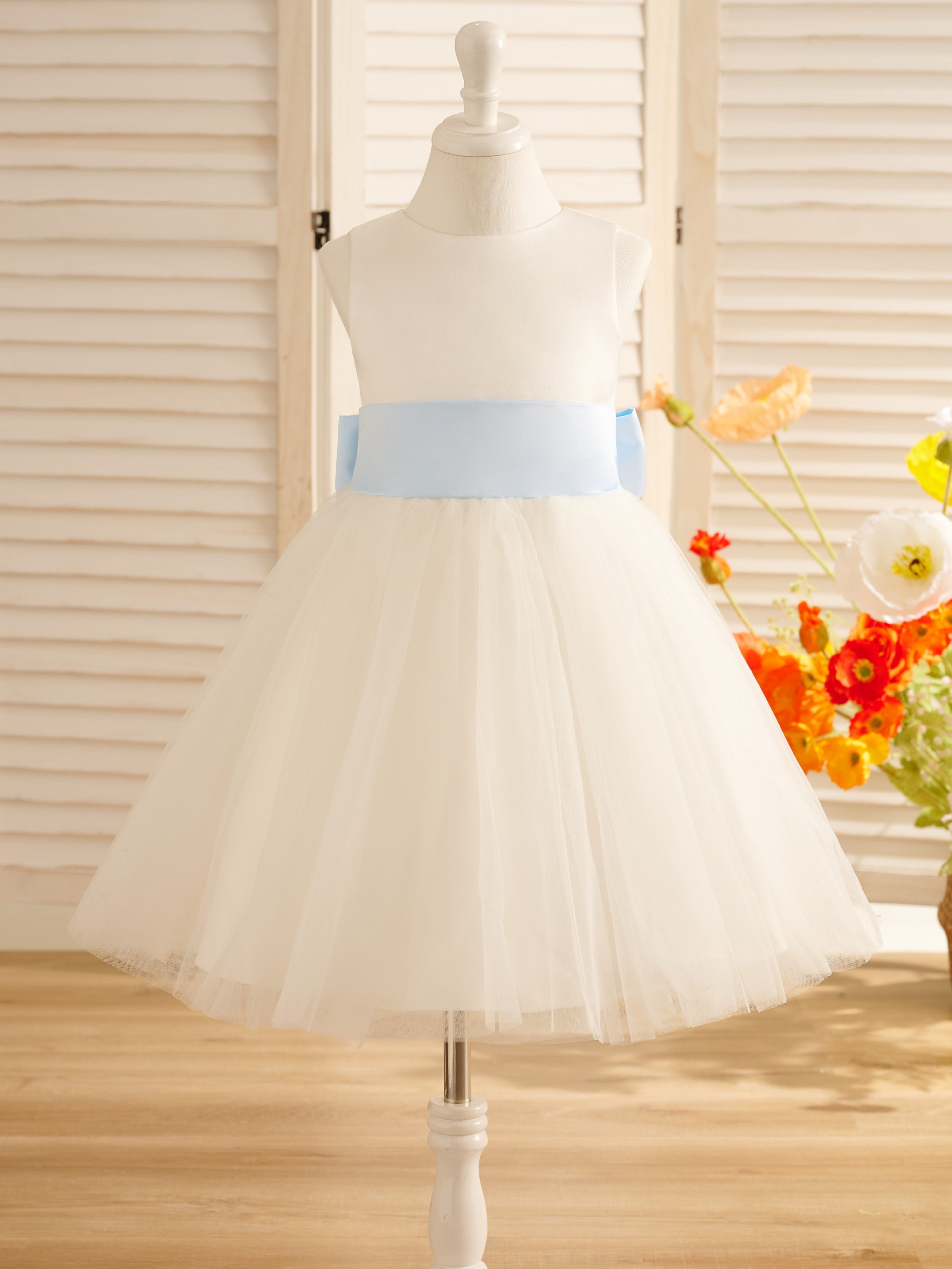Vestido de niña de las flores de corte A, de satén y tul, hasta la rodilla 