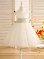 Vestido de niña de las flores de corte A, de satén y tul, hasta la rodilla 