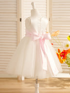 Vestido de niña de las flores de corte A, de satén y tul, hasta la rodilla 