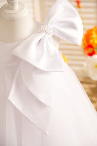 Vestido de niña pequeña de las flores, corte en A, con gran lazo y tul, hasta la rodilla. 