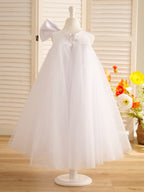 Vestido de niña pequeña de las flores, corte en A, con gran lazo y tul, hasta la rodilla. 