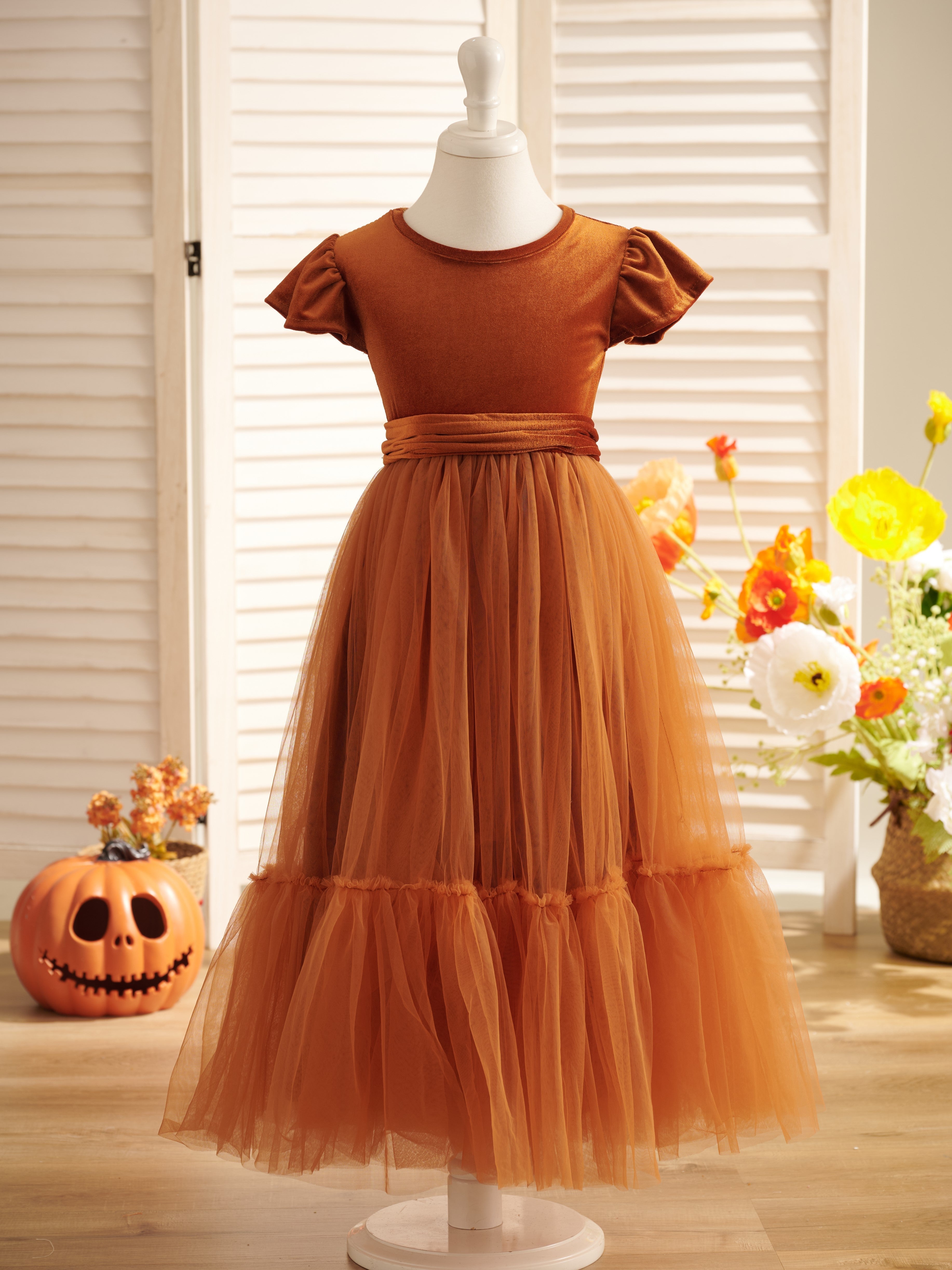Vestido largo de terciopelo para niña de las flores de invierno 