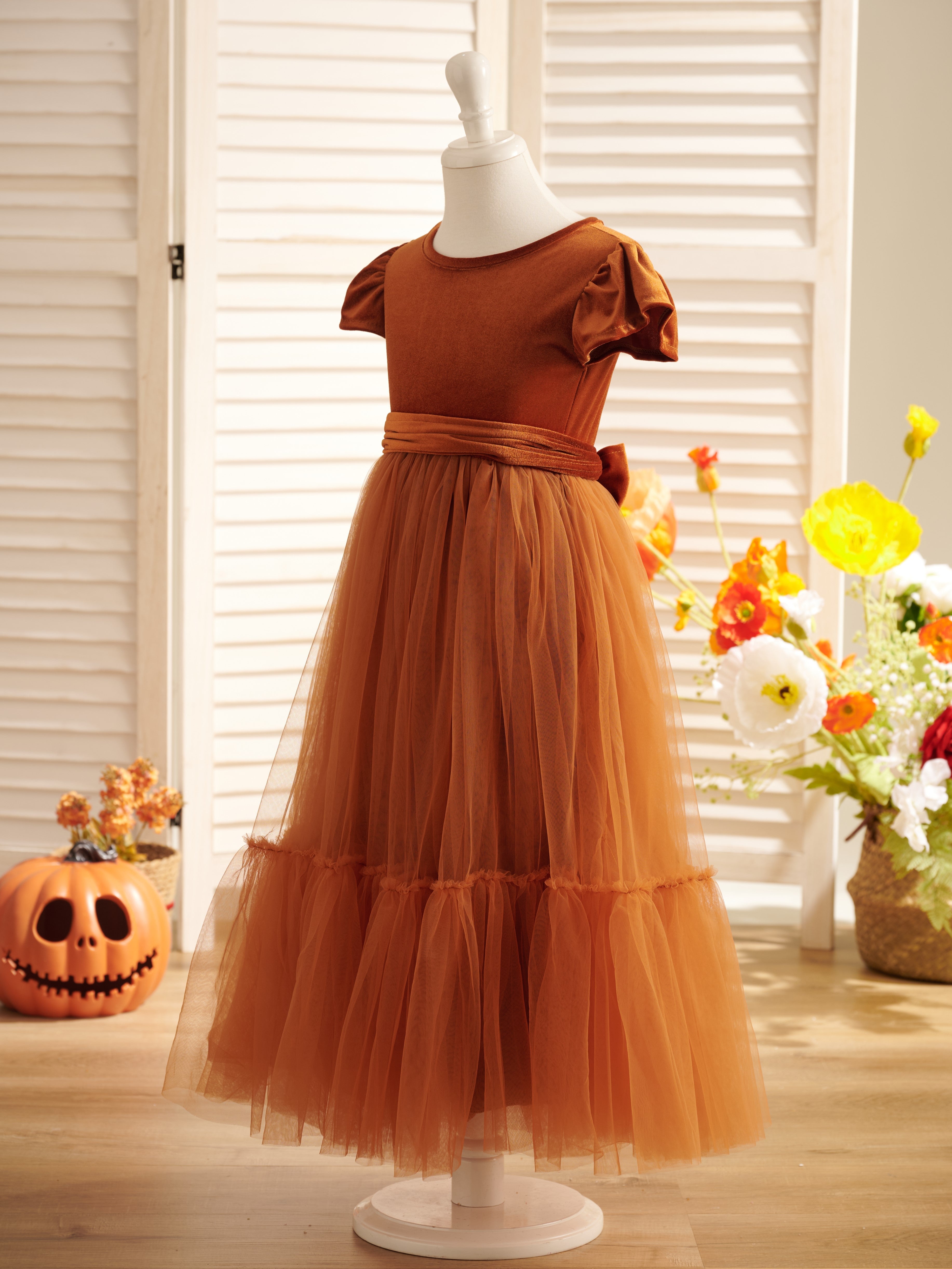 Vestido largo de terciopelo para niña de las flores de invierno 