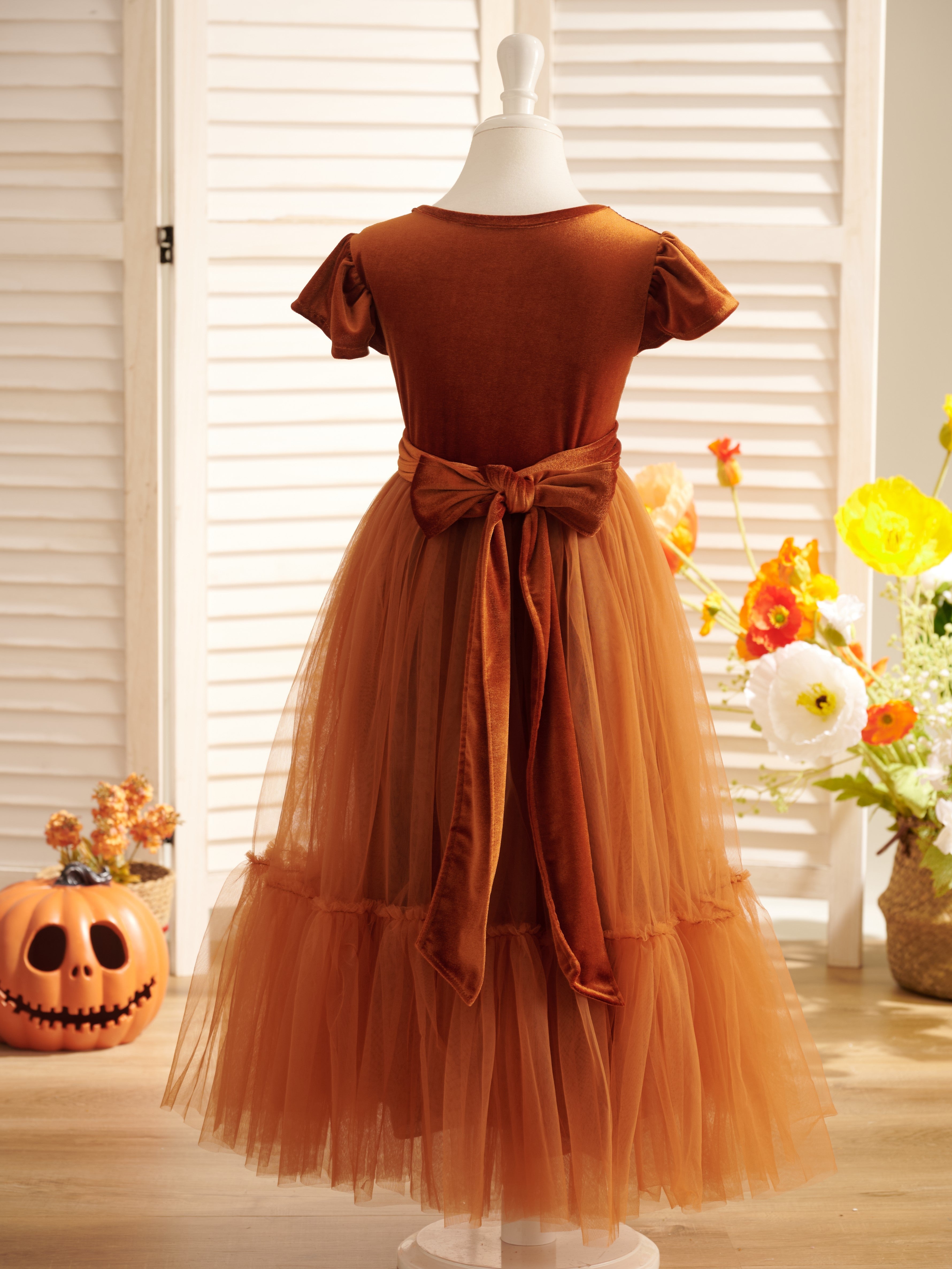 Vestido largo de terciopelo para niña de las flores de invierno 