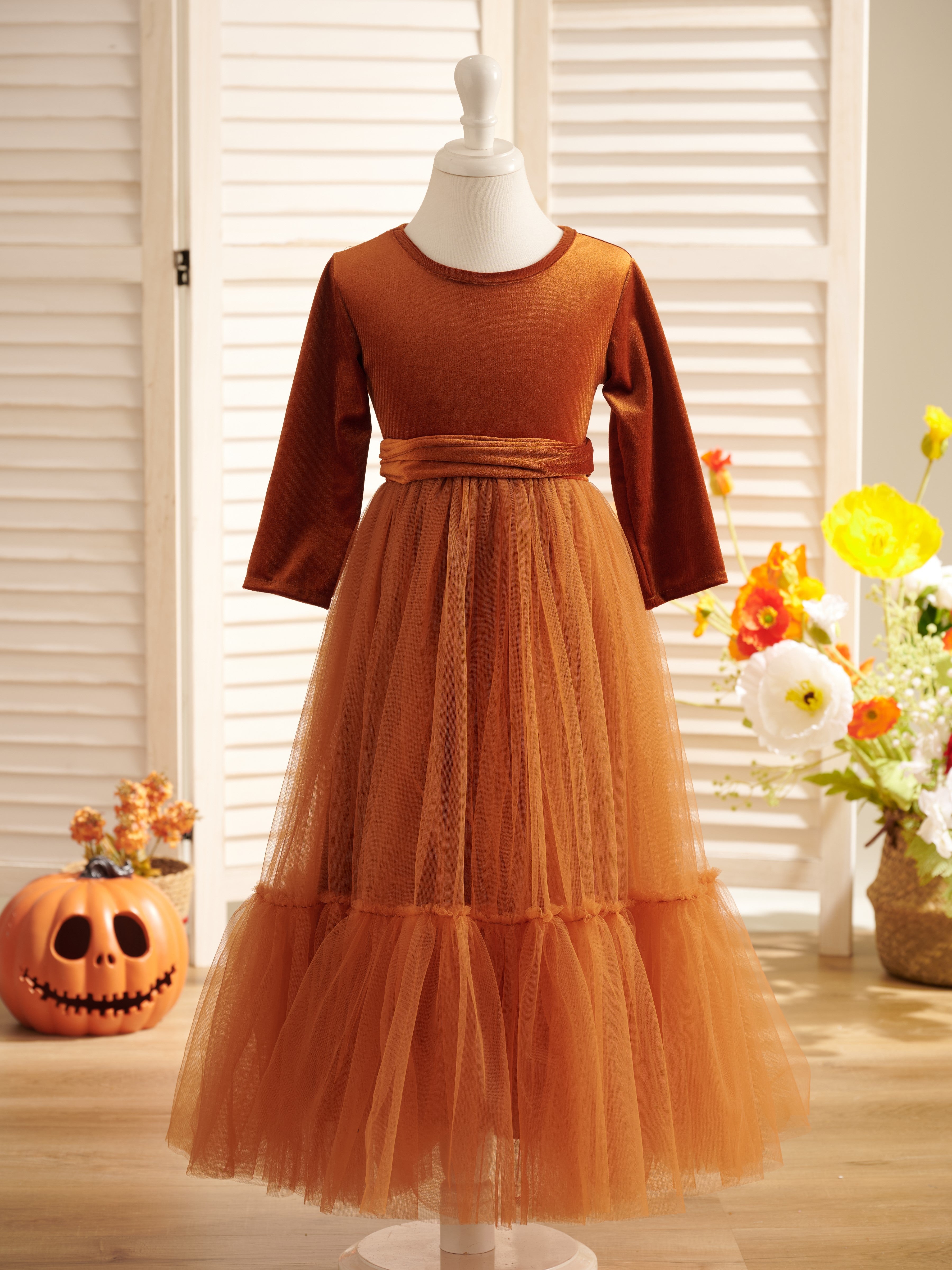 Vestido de niña de las flores de terciopelo hasta los tobillos para invierno 