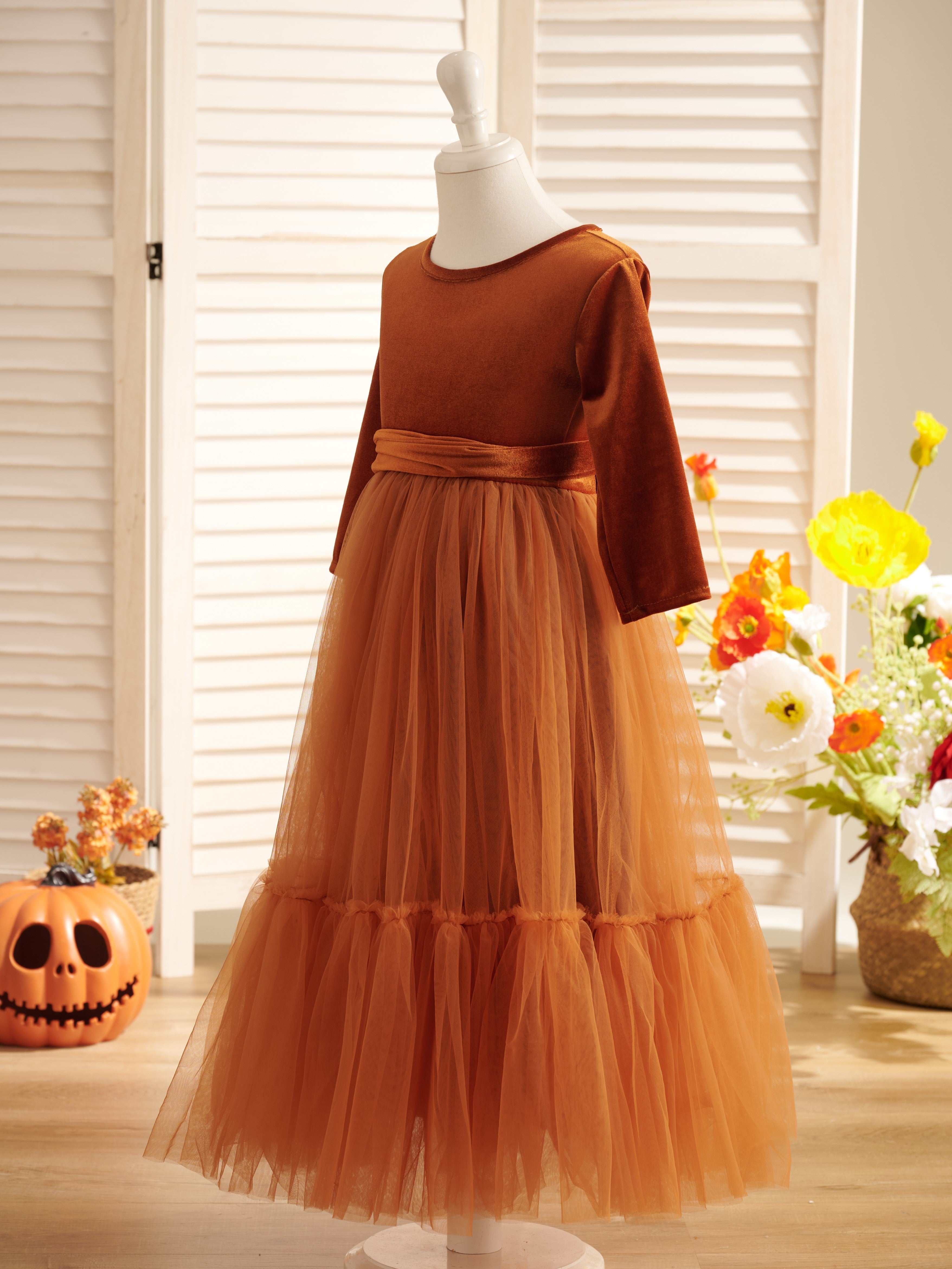 Vestido de niña de las flores de terciopelo hasta los tobillos para invierno 
