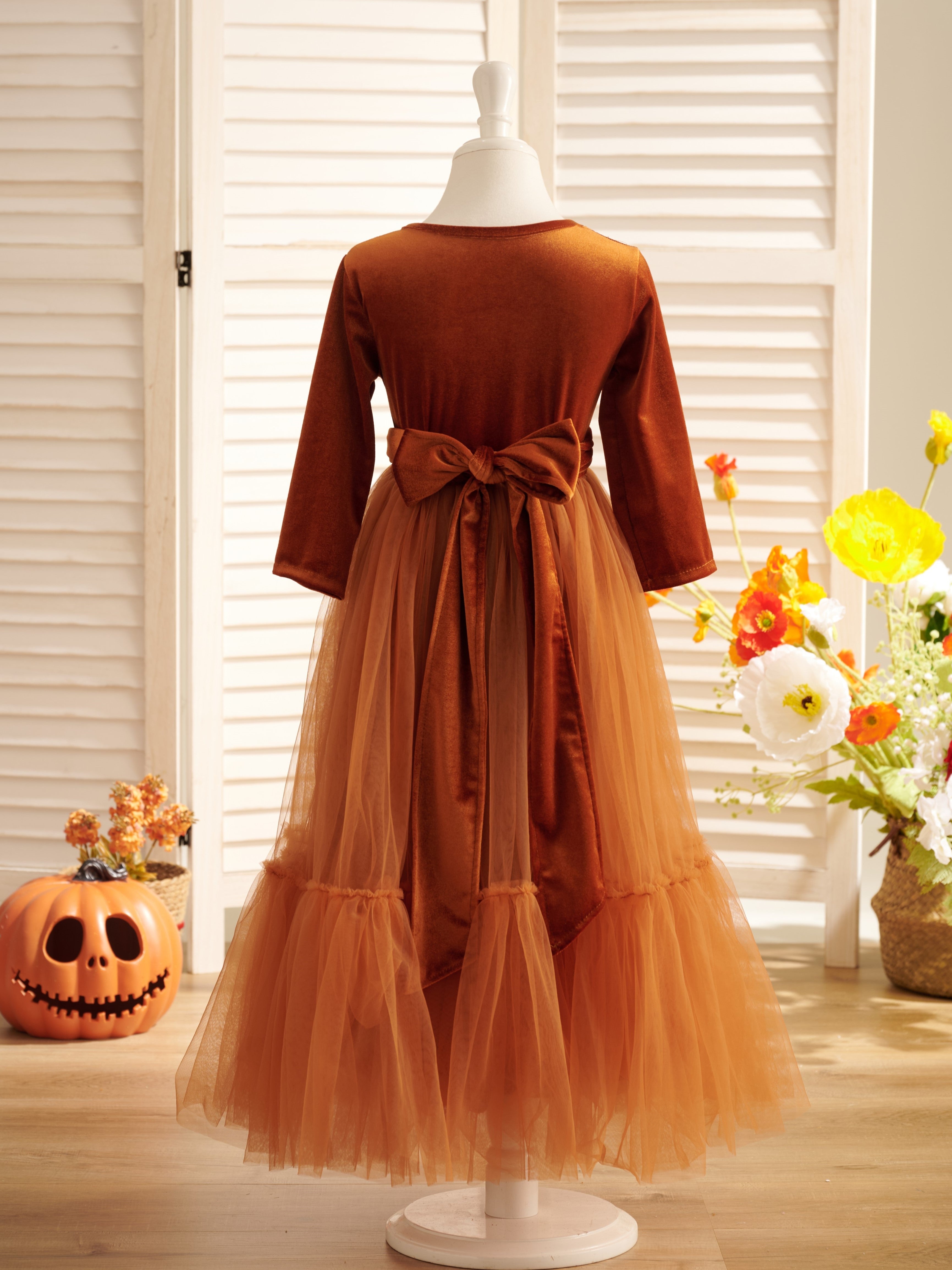 Vestido de niña de las flores de terciopelo hasta los tobillos para invierno 