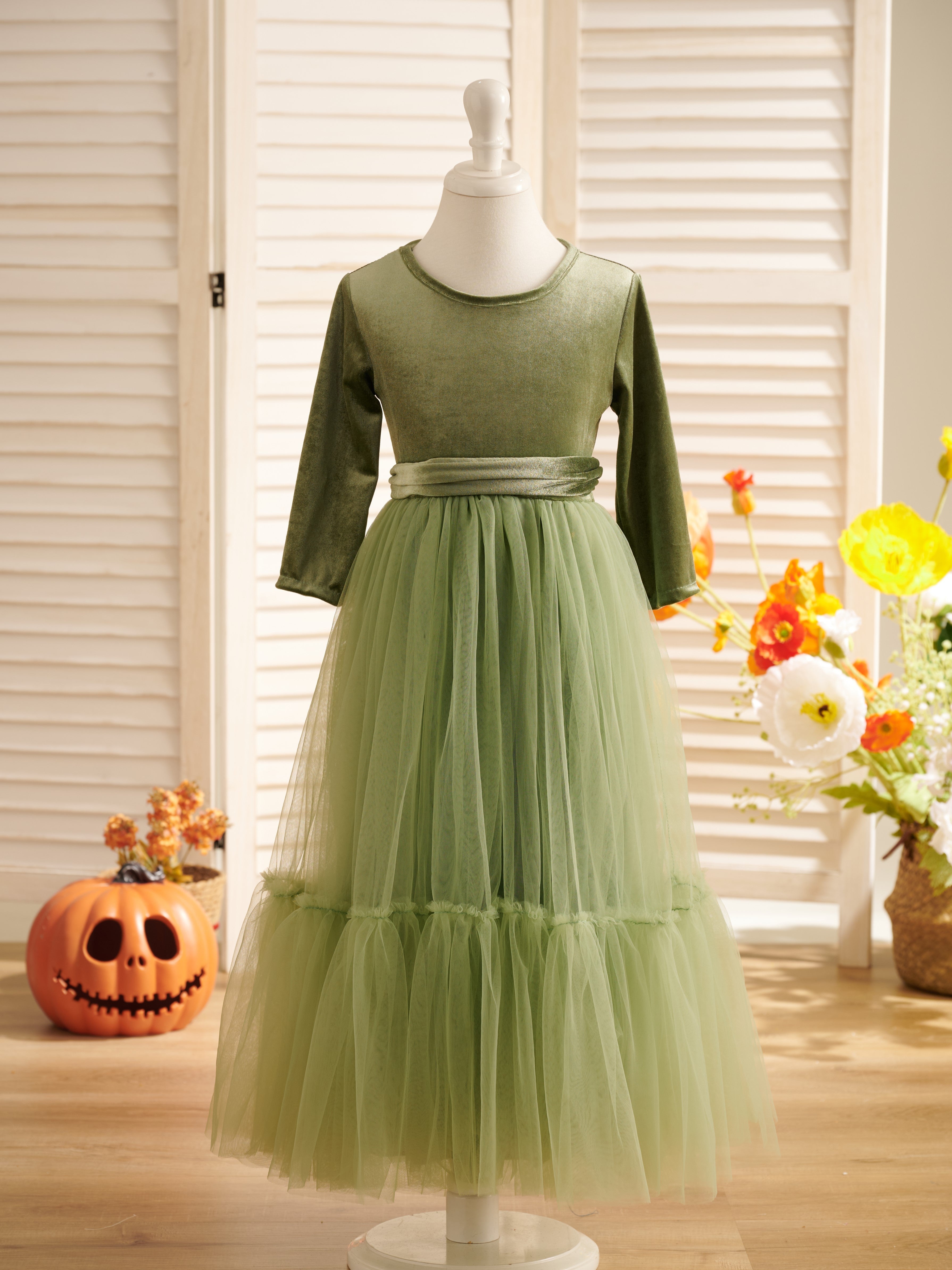 Vestido de niña de las flores de terciopelo hasta los tobillos para invierno 