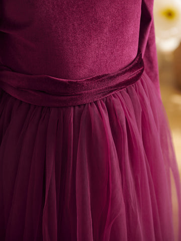 Vestido de niña de las flores de terciopelo hasta los tobillos para invierno 