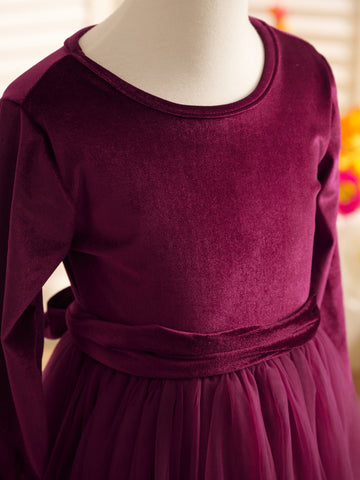 Vestido de niña de las flores de terciopelo hasta los tobillos para invierno 