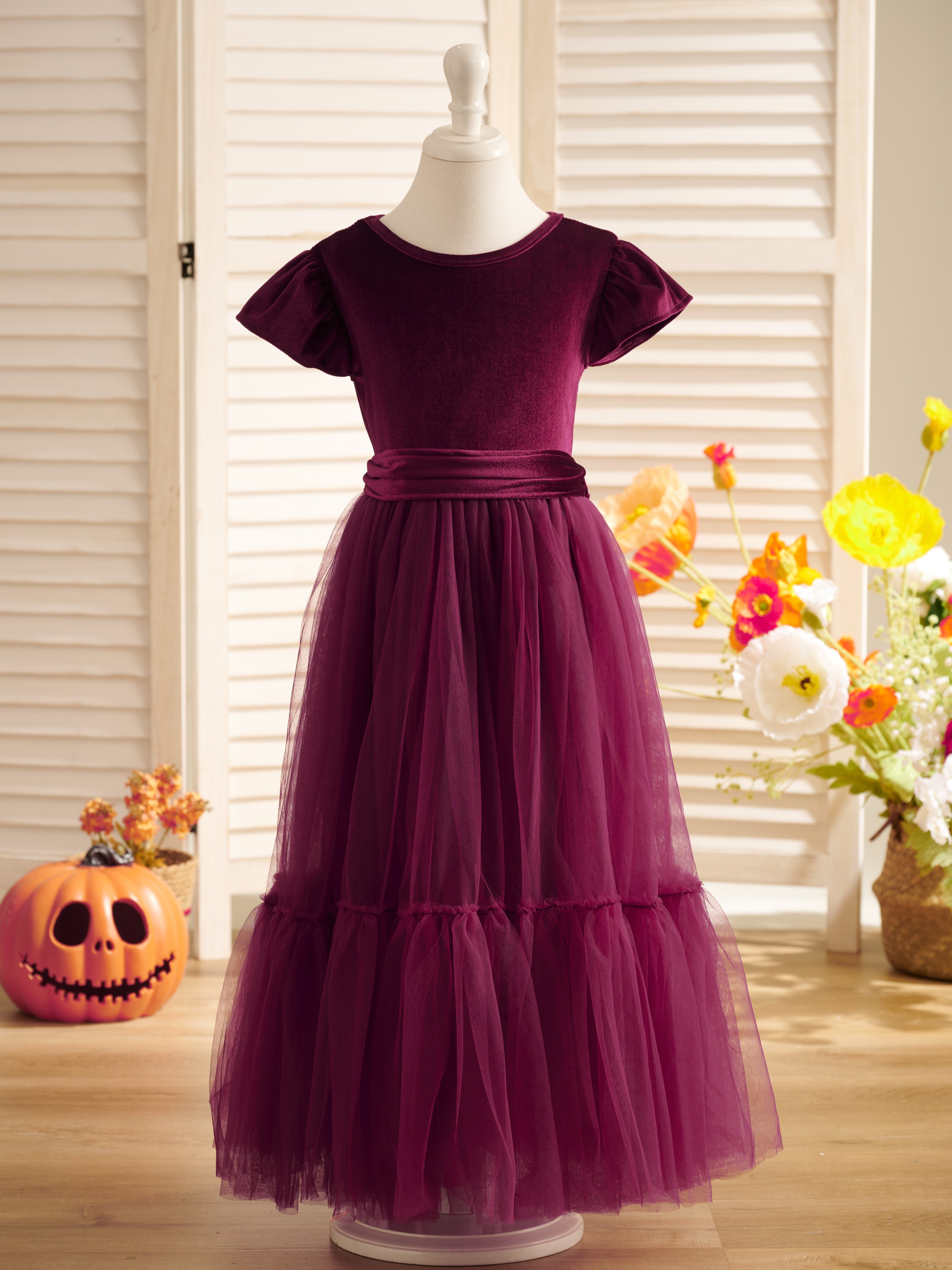 Vestido largo de terciopelo para niña de las flores de invierno 