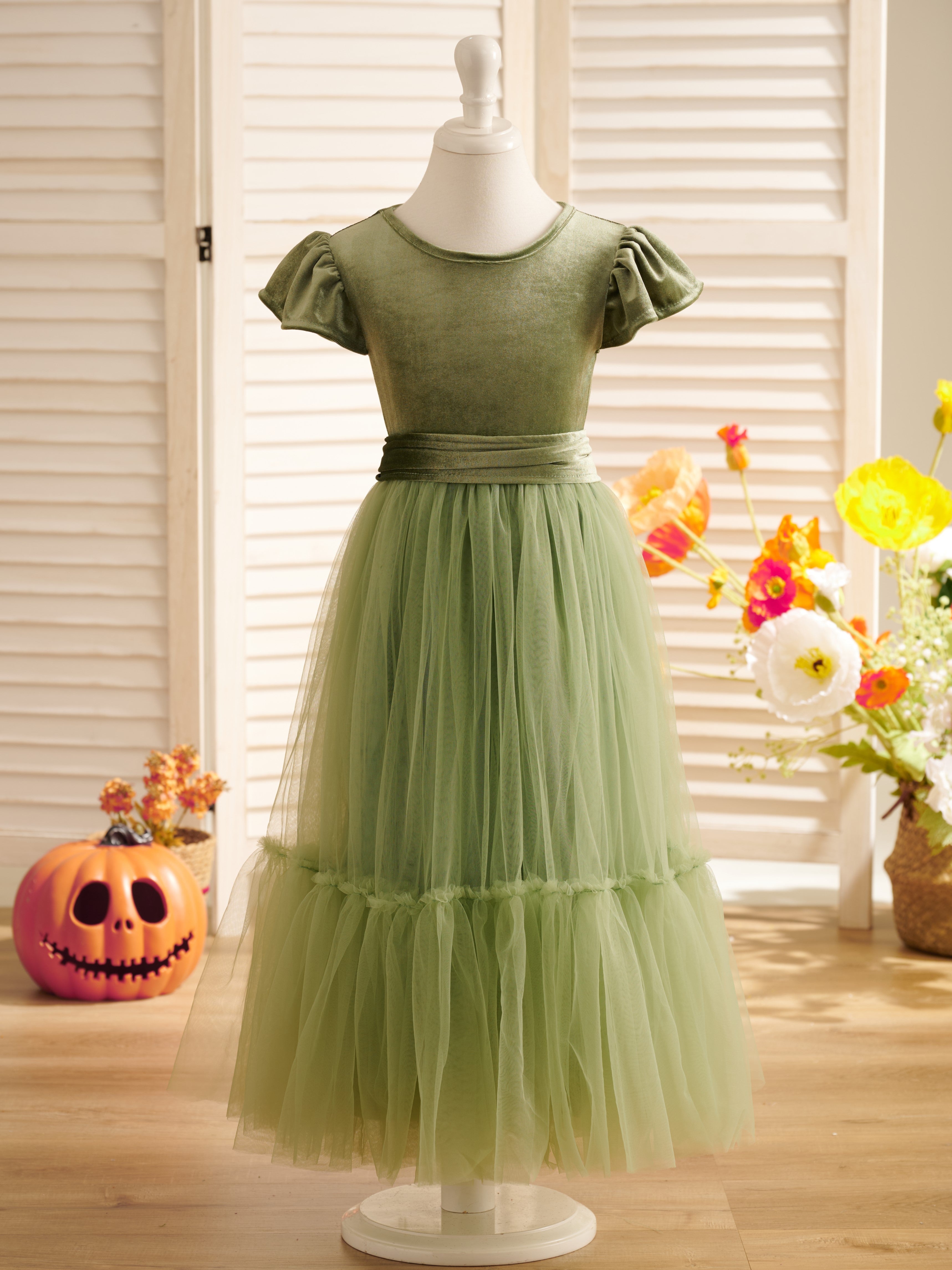 Vestido largo de terciopelo para niña de las flores de invierno 