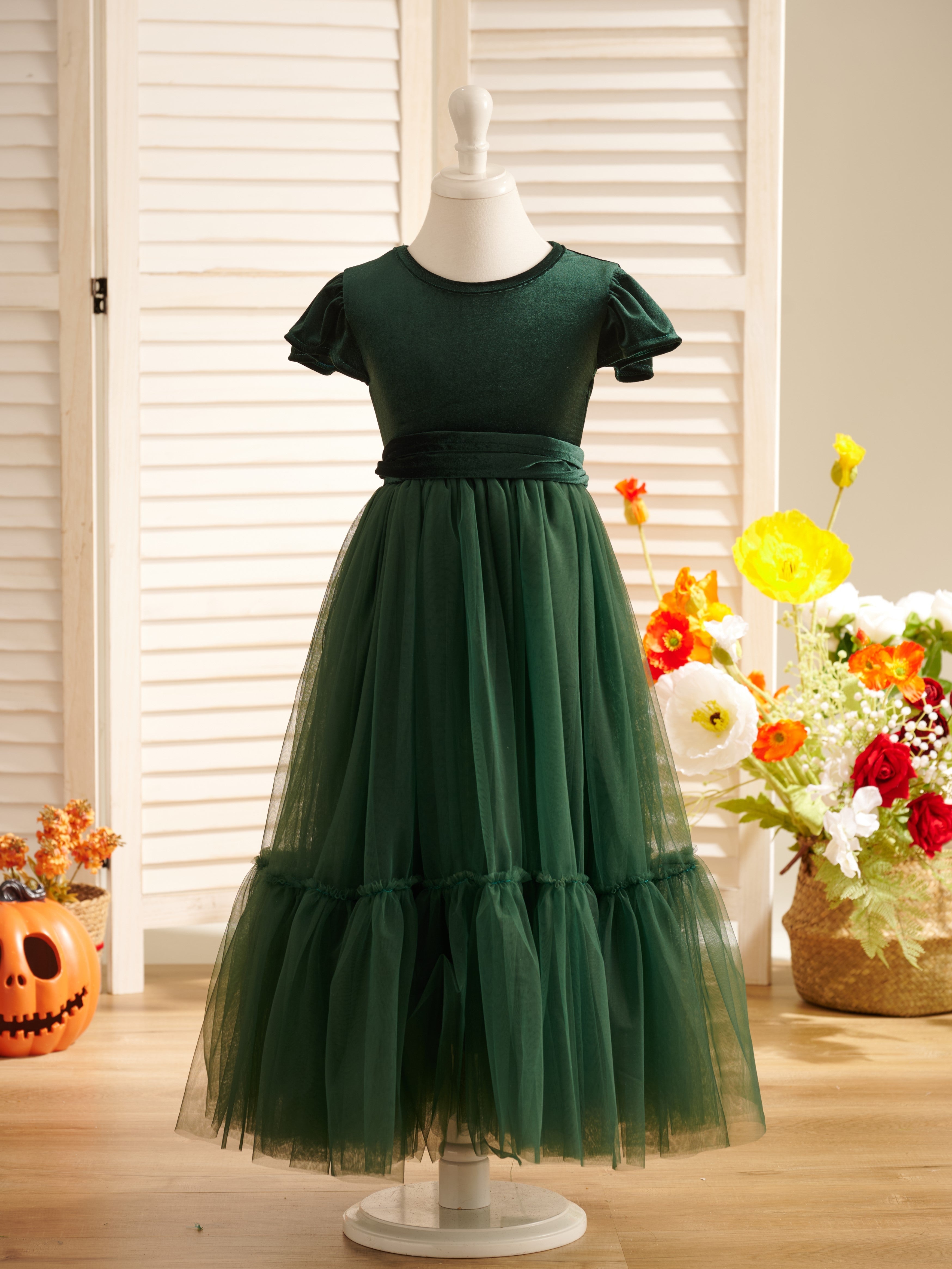 Vestido largo de terciopelo para niña de las flores de invierno 