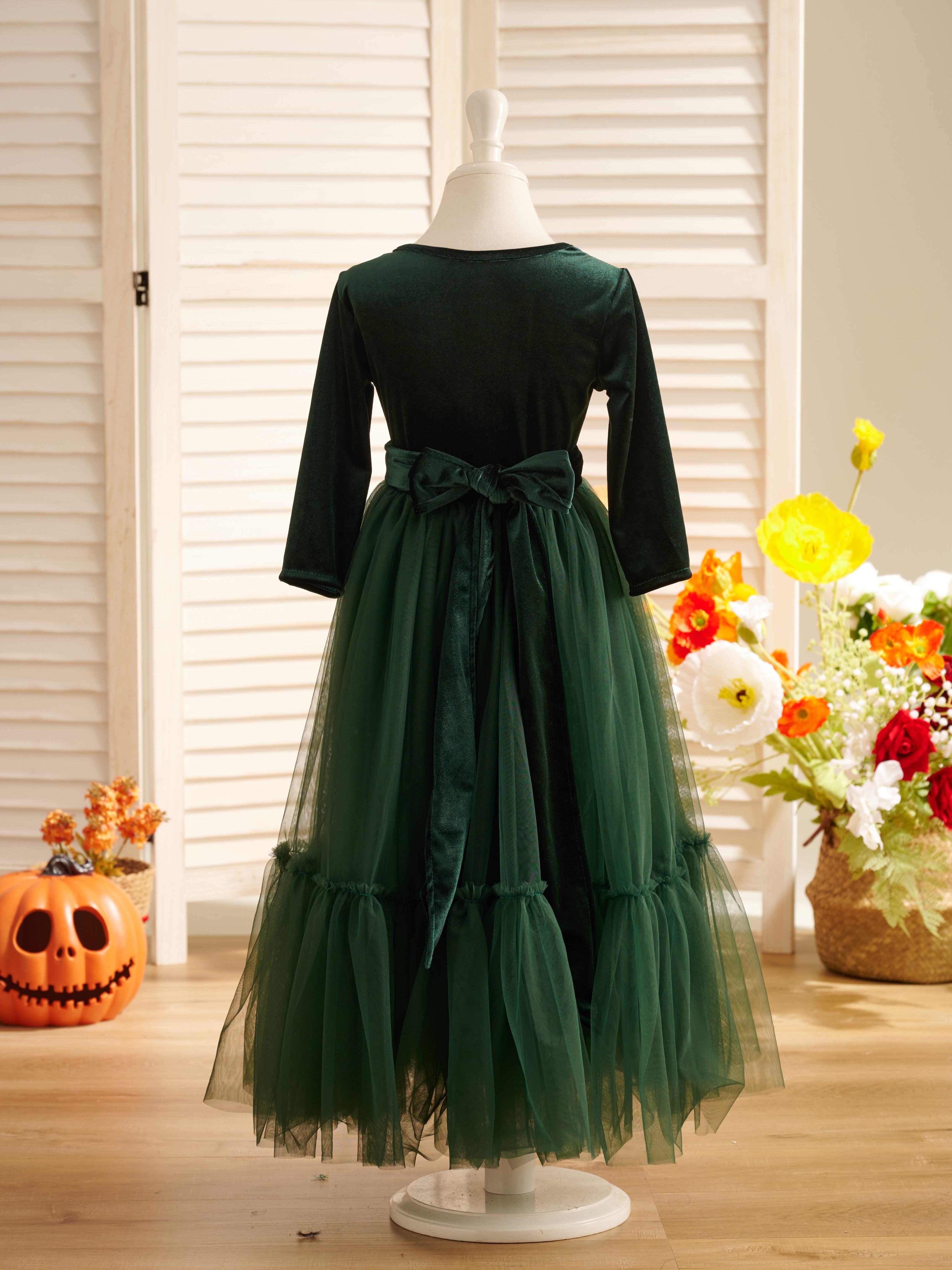 Vestido de niña de las flores de terciopelo hasta los tobillos para invierno 