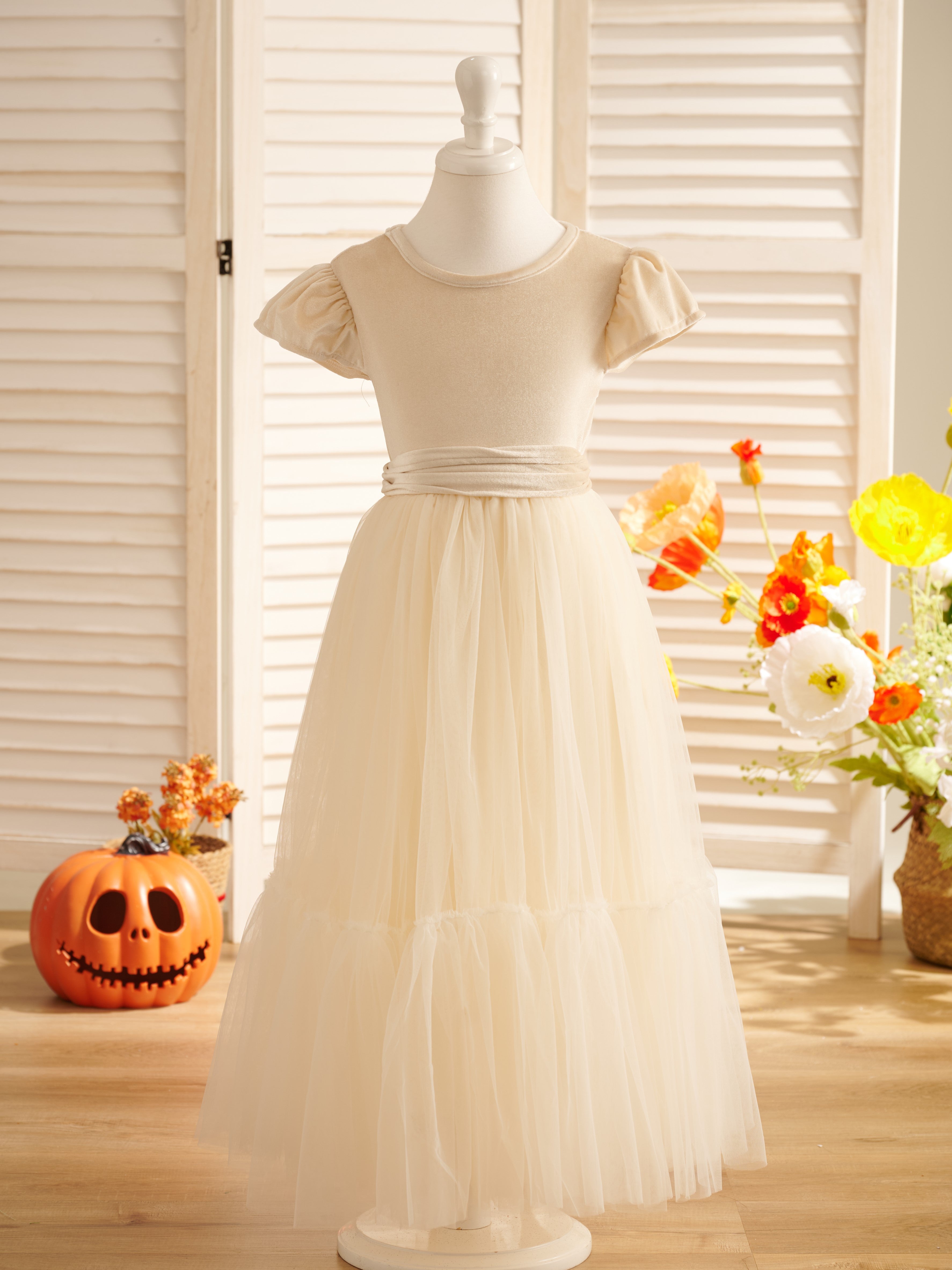 Vestido largo de terciopelo para niña de las flores de invierno 