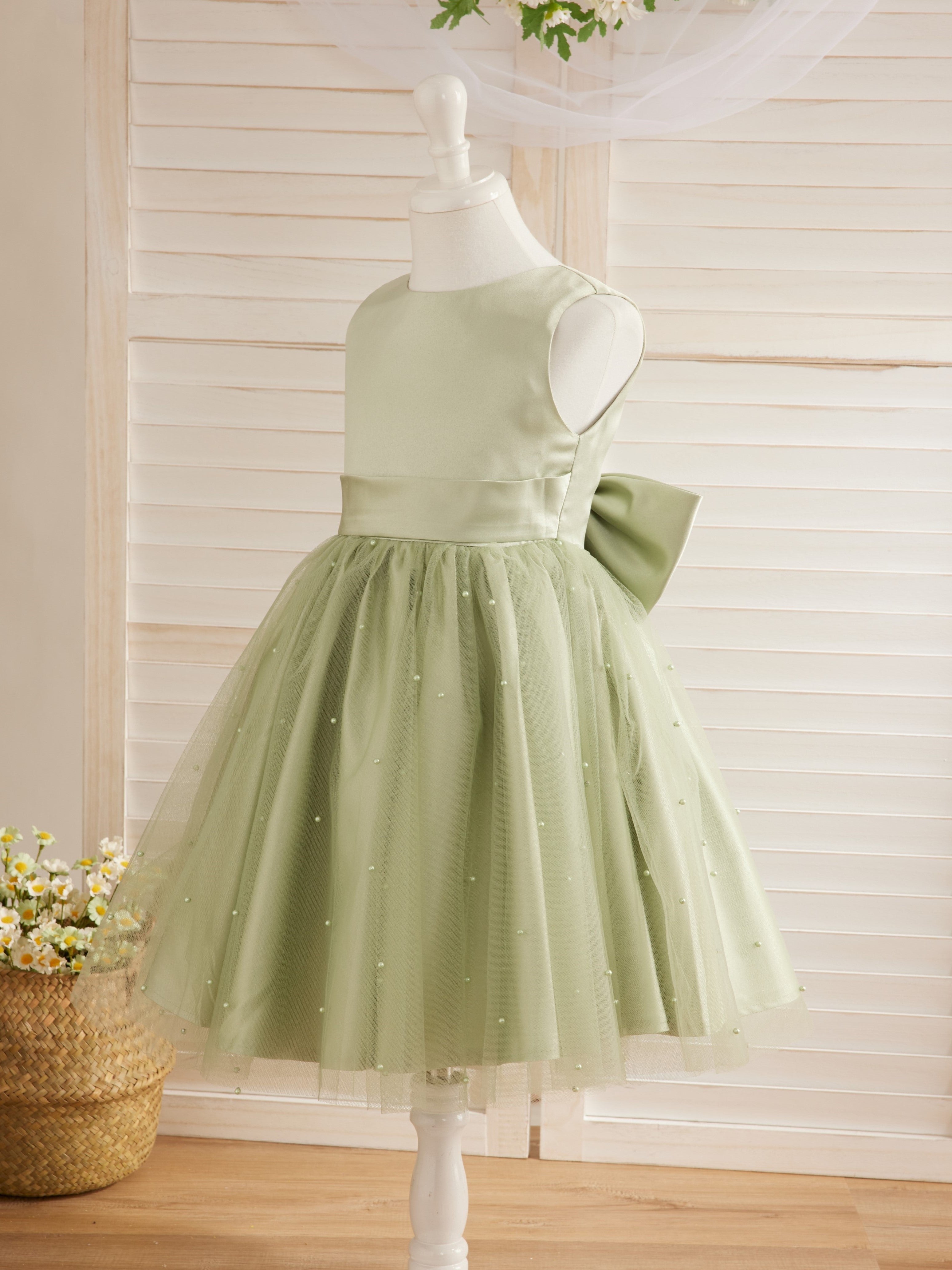 Vestido de princesa/vestido de princesa de satén y tul hasta la rodilla para niña de las flores 