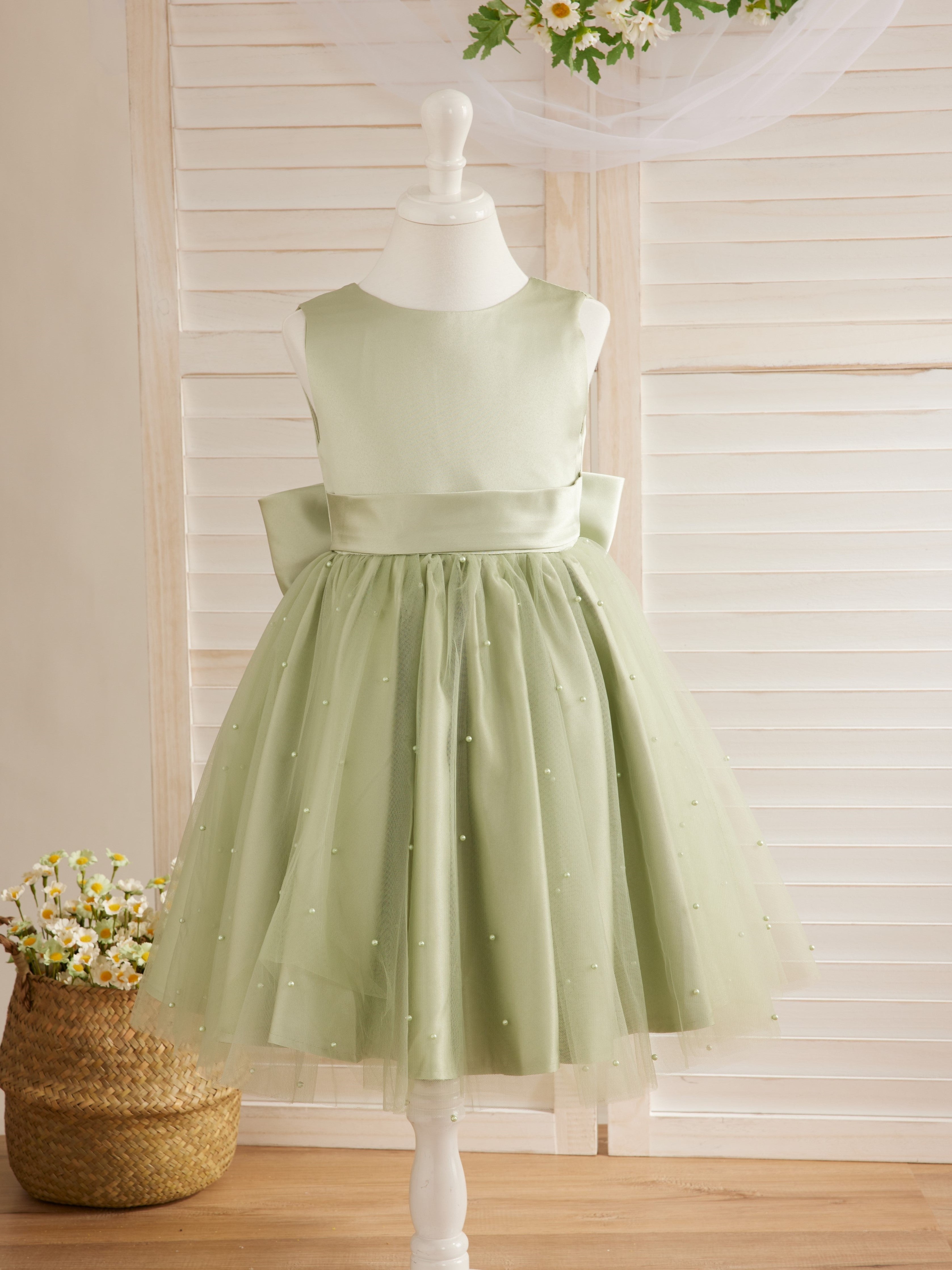 Vestido de princesa/vestido de princesa de satén y tul hasta la rodilla para niña de las flores 