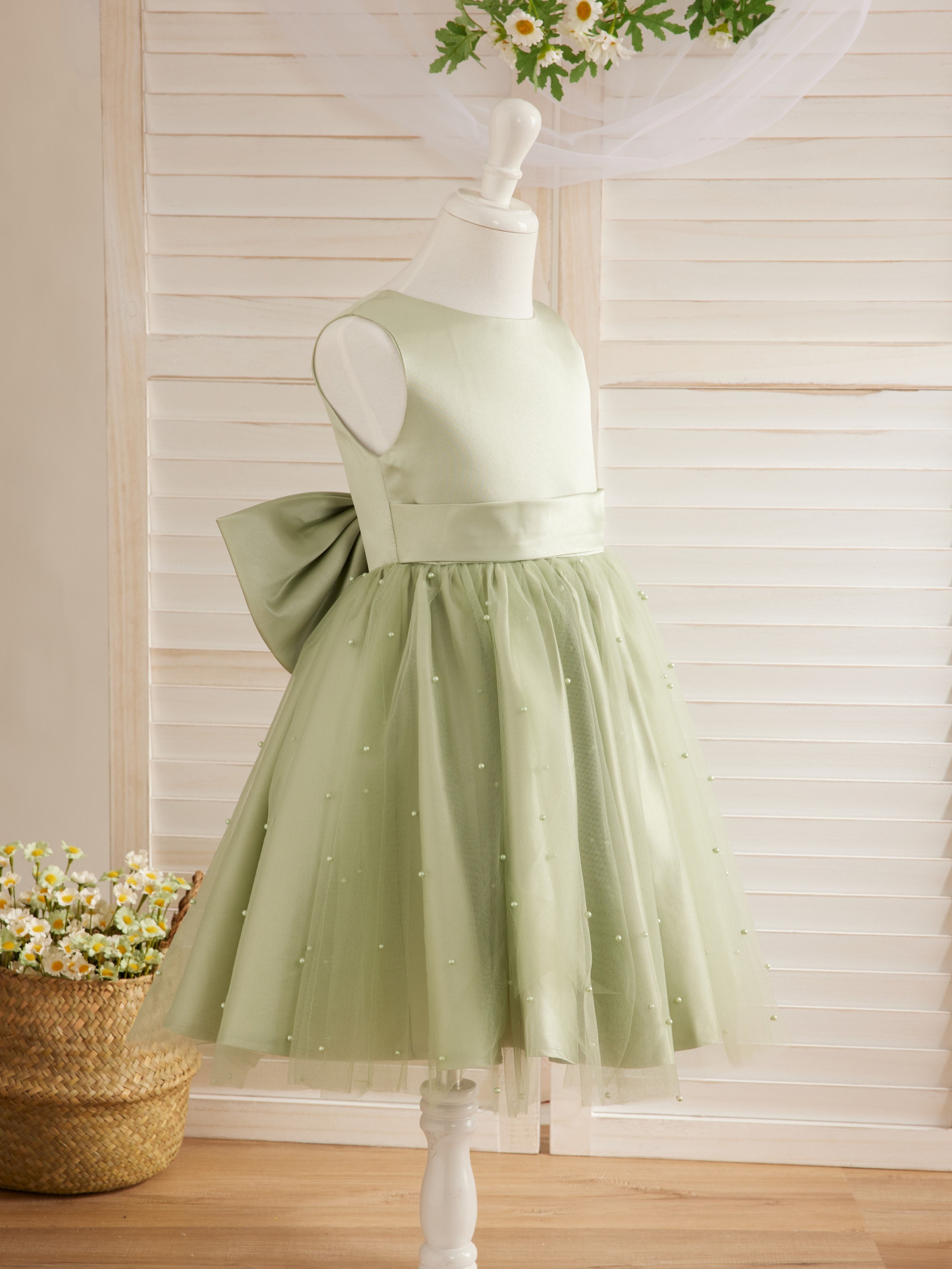 Vestido de princesa/vestido de princesa de satén y tul hasta la rodilla para niña de las flores 