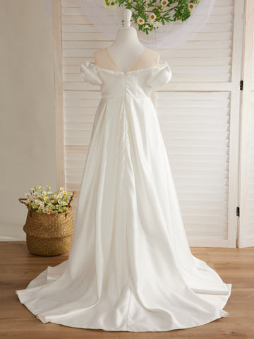 Vestido de niña de las flores color marfil con cola de satén 