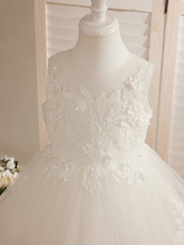 Robe de princesse sans manches en tulle avec applications de dentelle et traîne pour filles 