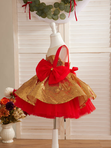 Impresionante vestido rojo y dorado con lentejuelas para bebé niña 