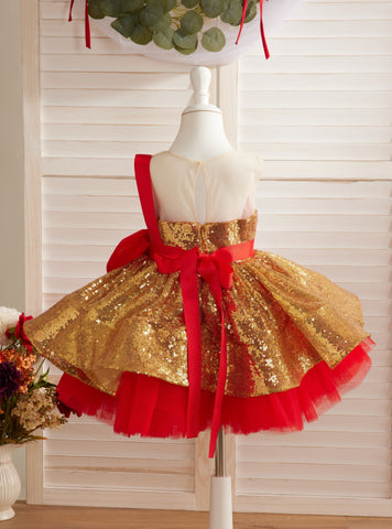 Impresionante vestido rojo y dorado con lentejuelas para bebé niña 