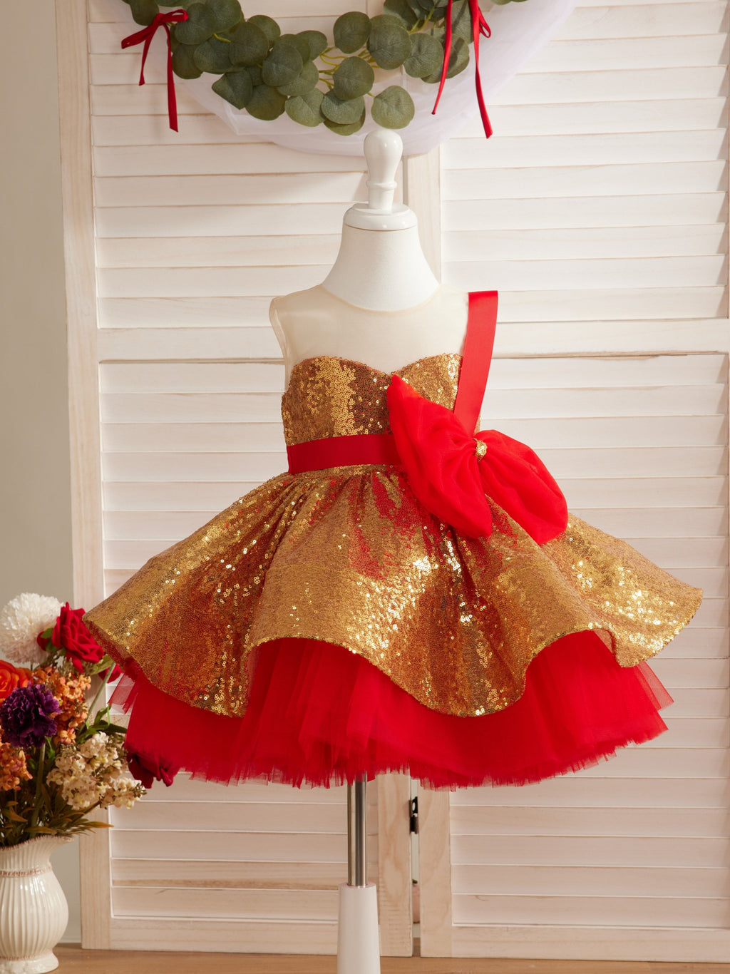 Impresionante vestido rojo y dorado con lentejuelas para bebé niña 