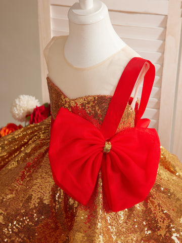 Impresionante vestido rojo y dorado con lentejuelas para bebé niña 