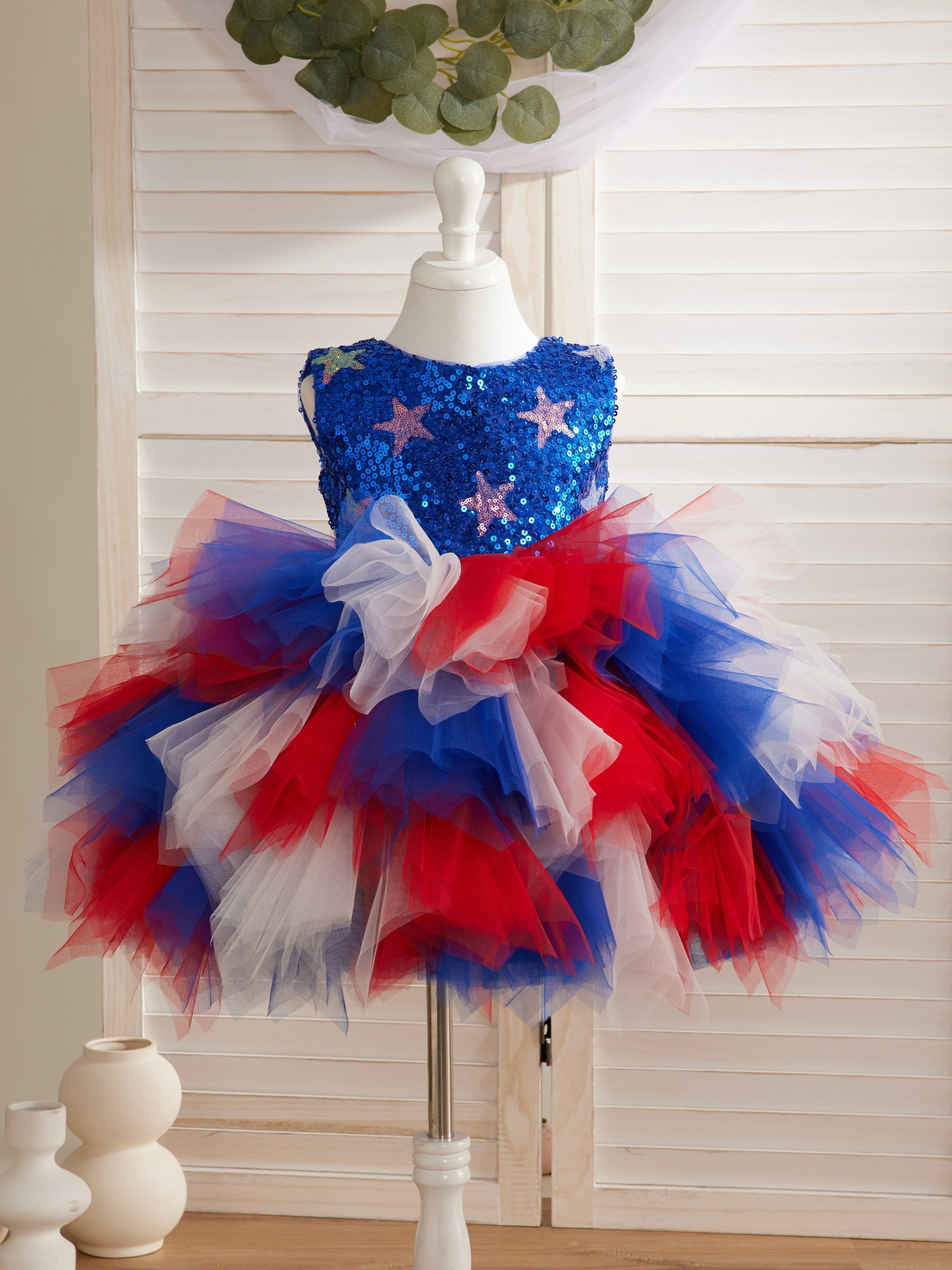 Vestido azul de niña hasta la rodilla con lentejuelas de estrella y tul 