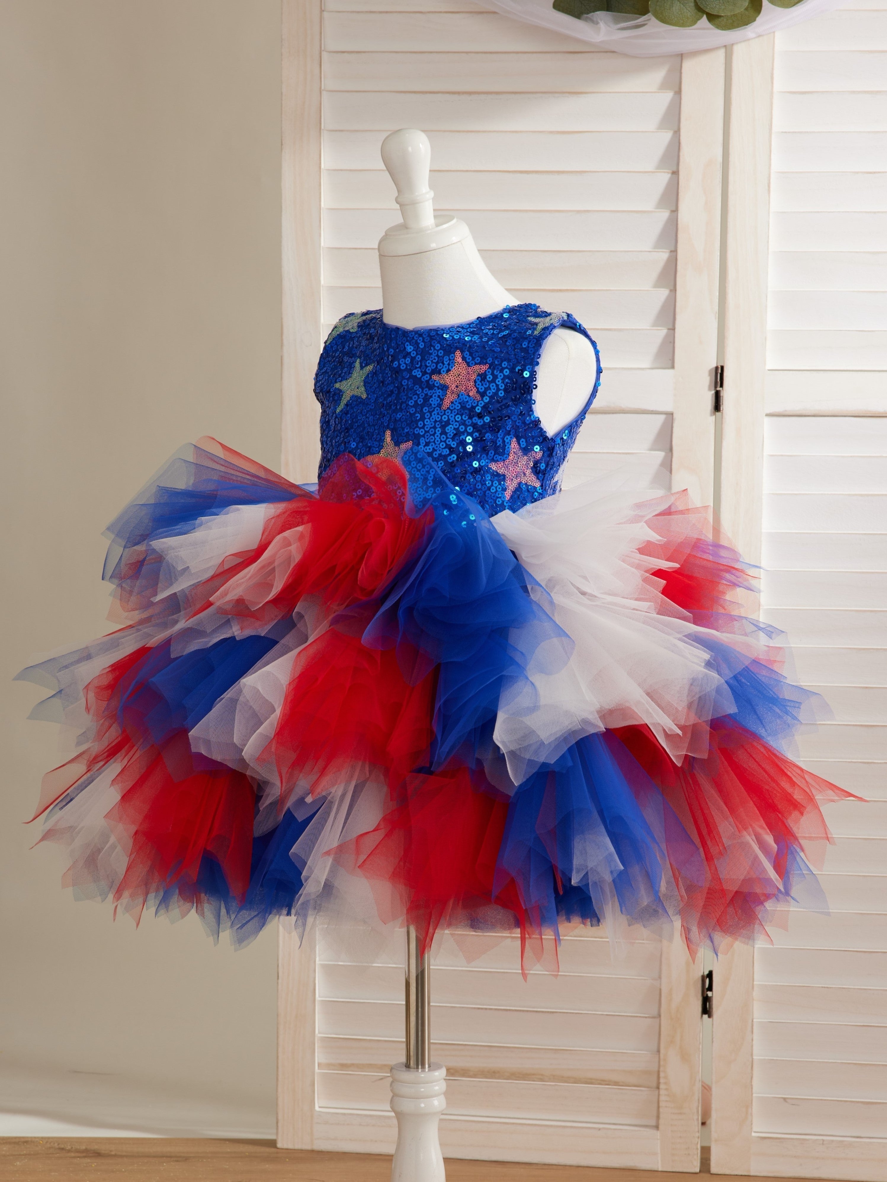 Vestido azul de niña hasta la rodilla con lentejuelas de estrella y tul 