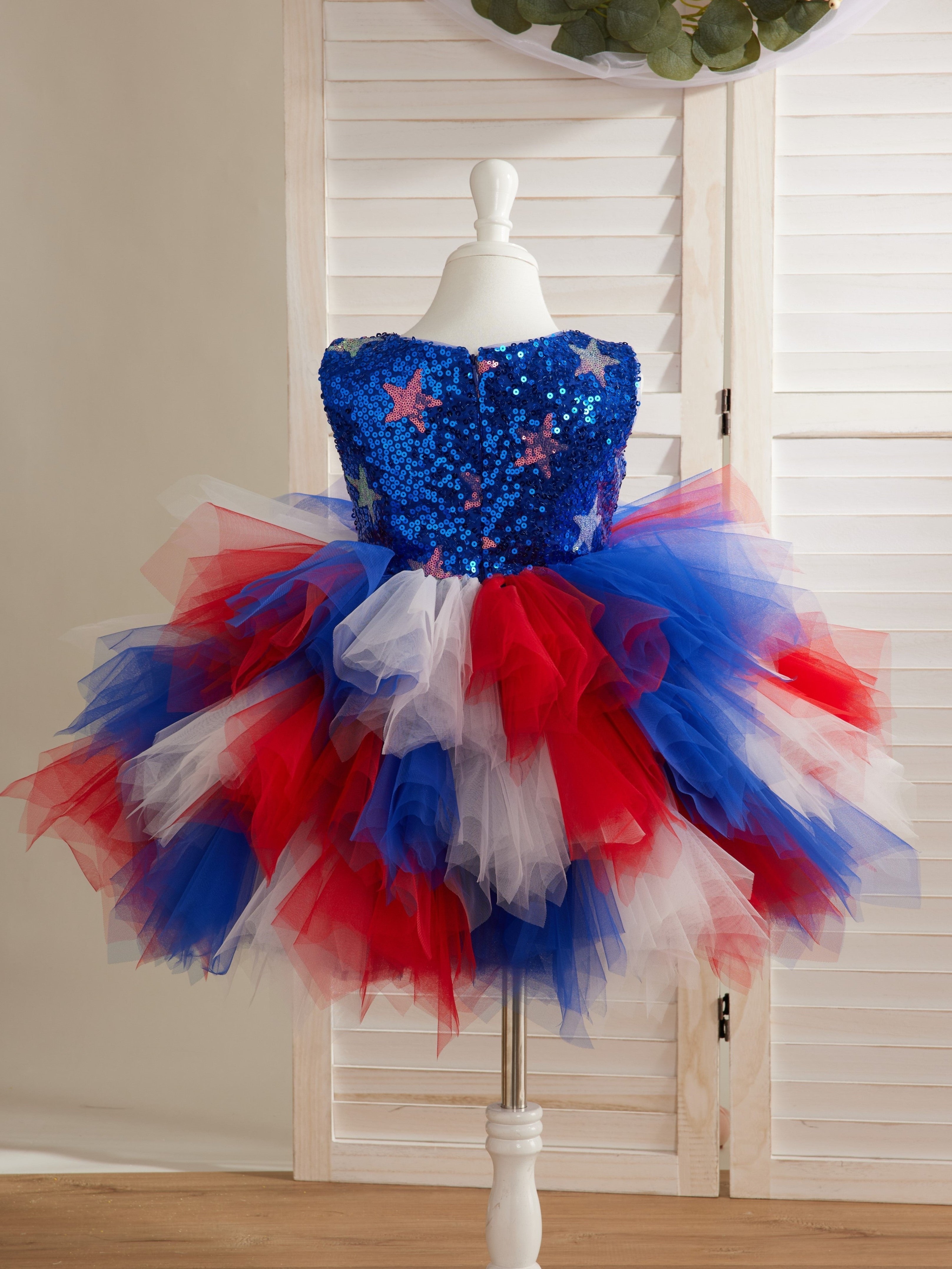 Vestido azul de niña hasta la rodilla con lentejuelas de estrella y tul 