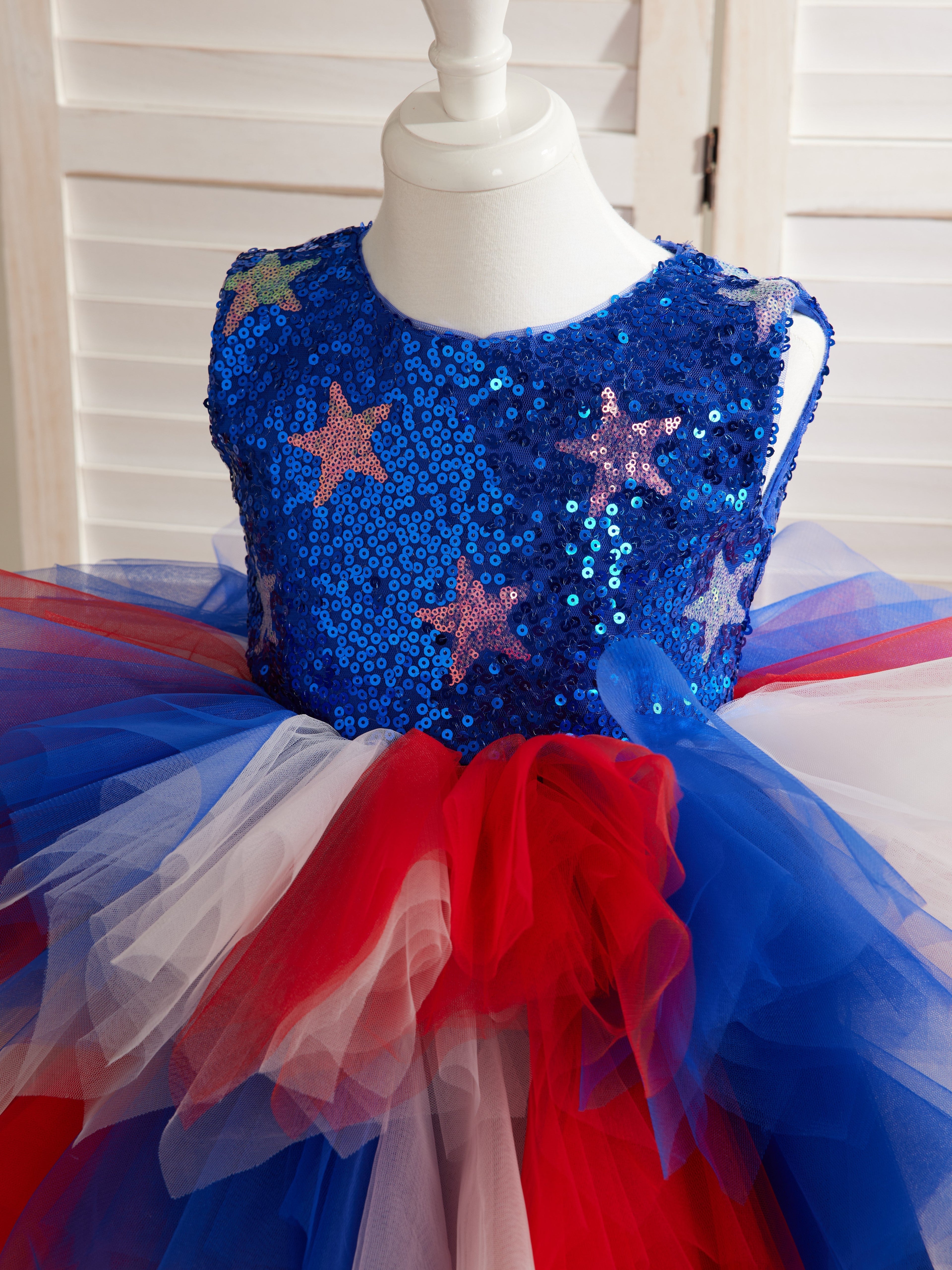 Vestido azul de niña hasta la rodilla con lentejuelas de estrella y tul 
