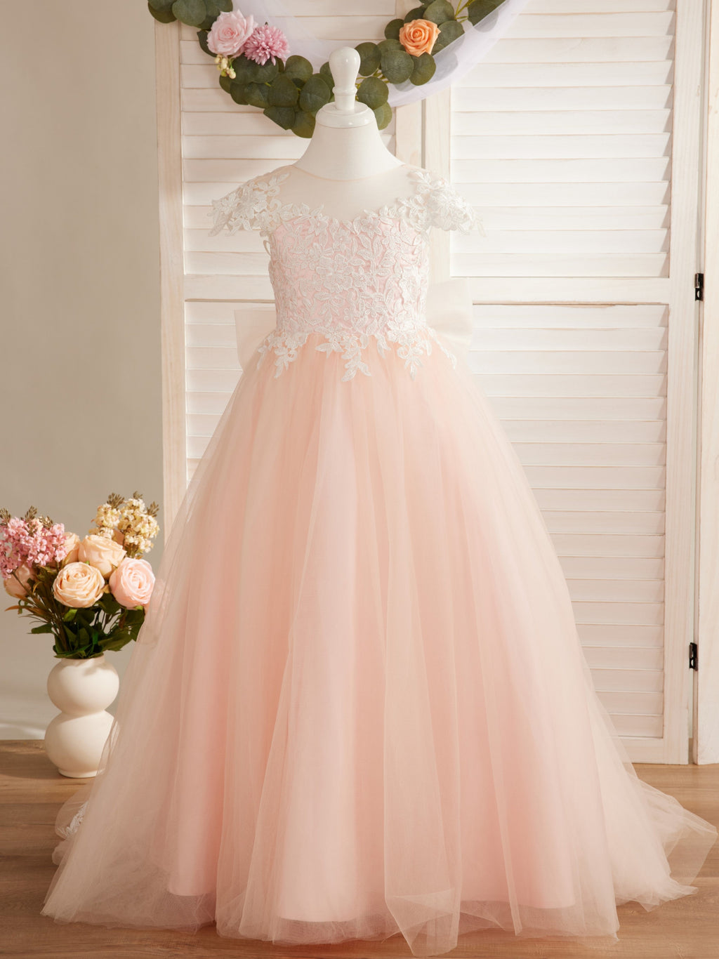 Vestido de niña de las flores para la Primera Comunión, color marfil, con cola desmontable estilo princesa. 