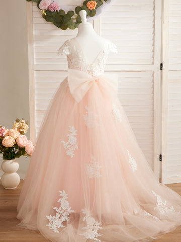 Vestido de niña de las flores para la Primera Comunión, color marfil, con cola desmontable estilo princesa. 