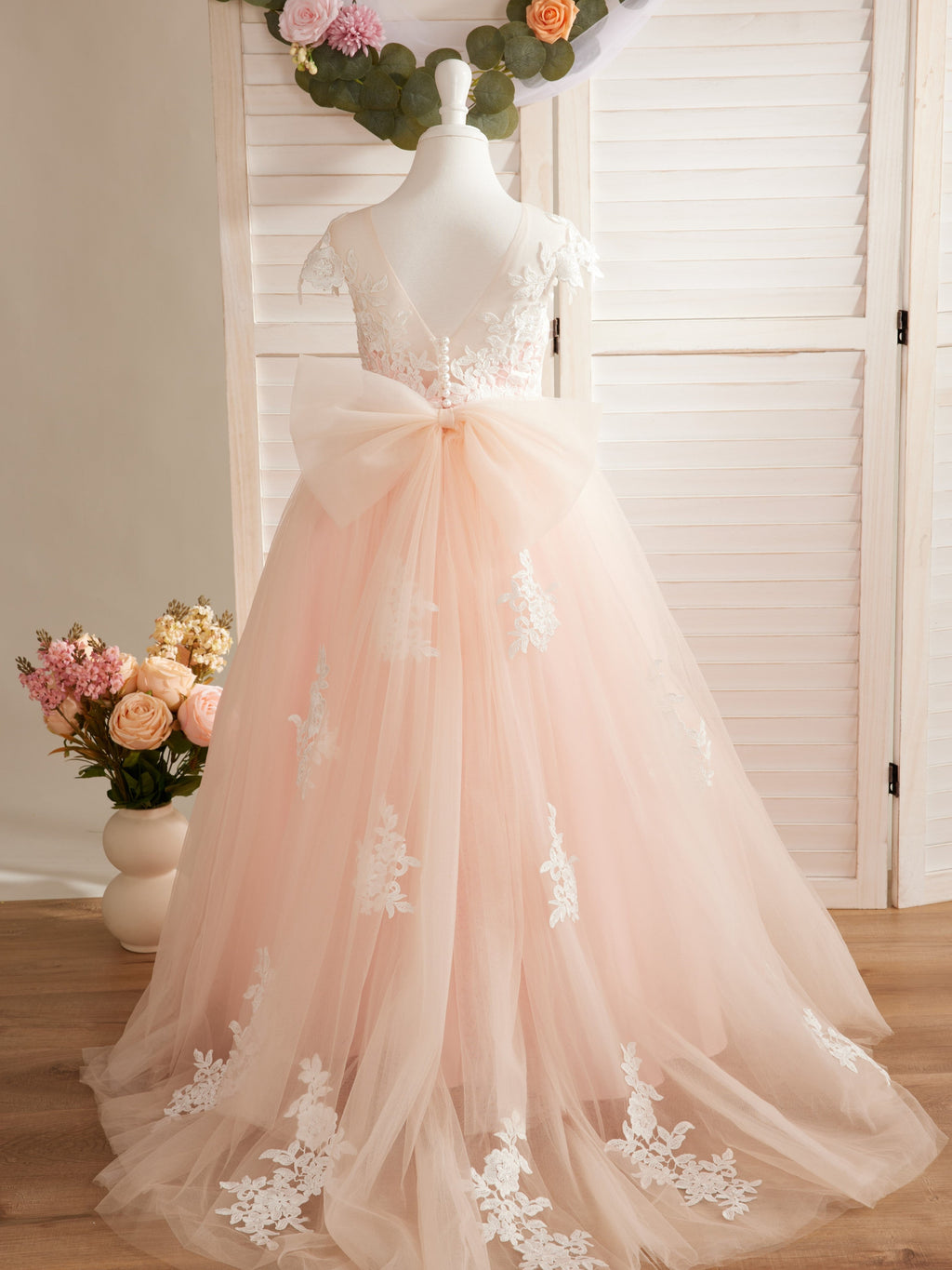 Vestido de niña de las flores para la Primera Comunión, color marfil, con cola desmontable estilo princesa. 