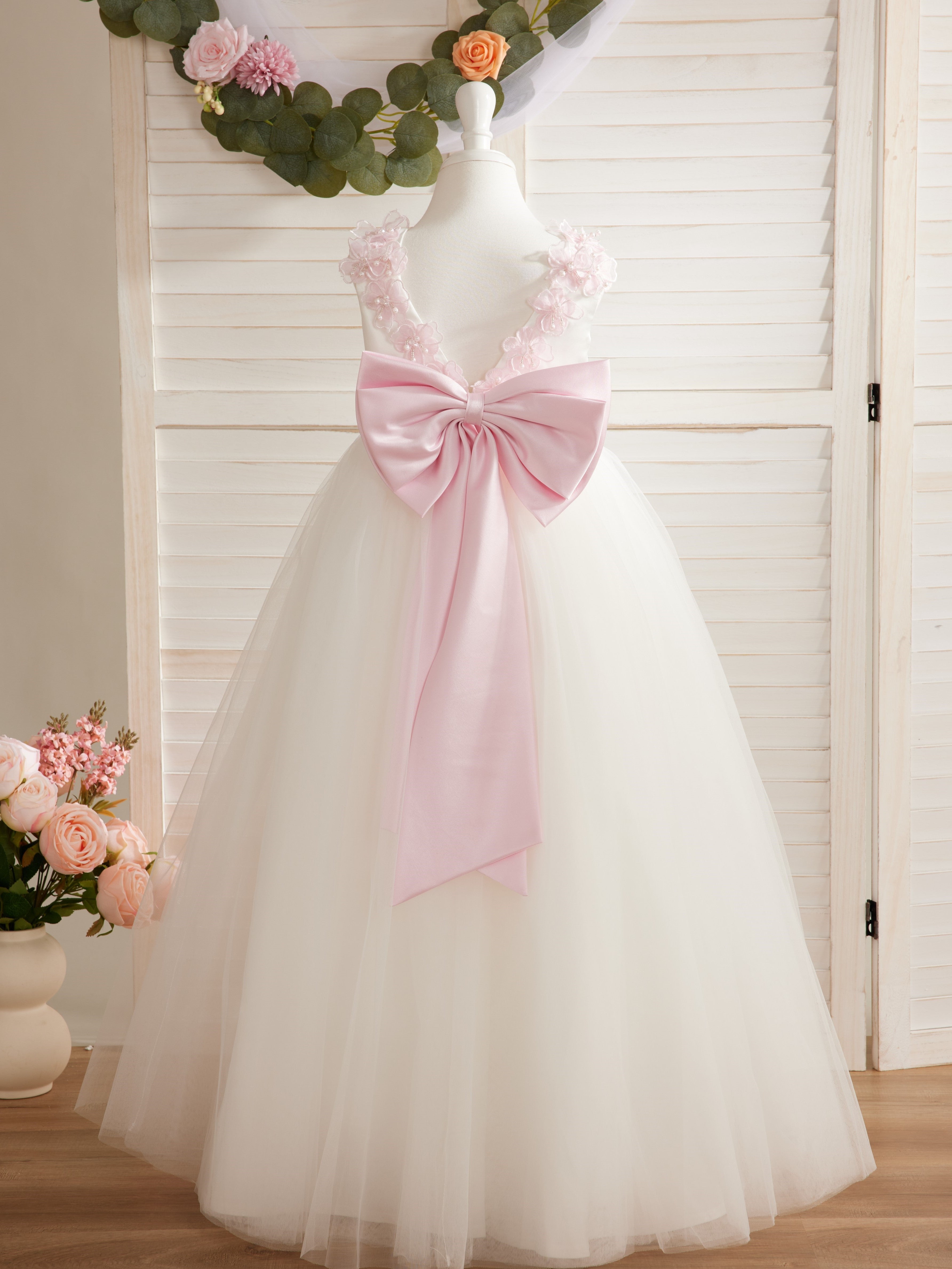Vestido de princesa/de princesa con flores 3D de tul hasta el suelo, color marfil, para niña de las flores 