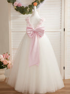 Vestido de princesa/de princesa con flores 3D de tul hasta el suelo, color marfil, para niña de las flores 